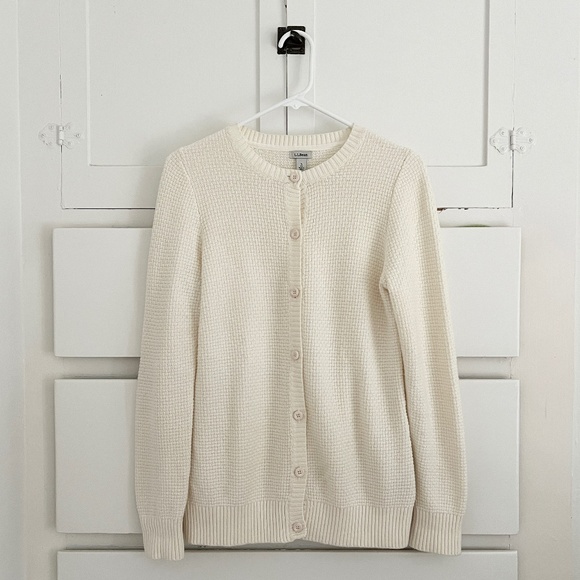 L.L. Bean Cream Cotton Cashmere Waffle Knit Button Front Cardigan Sweater Small - Picture 1 of 6